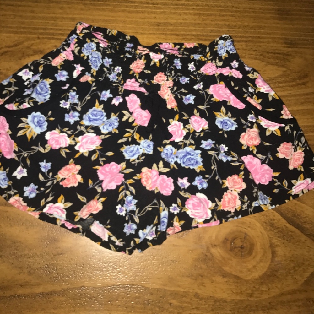 Black pink and blue floral shorts