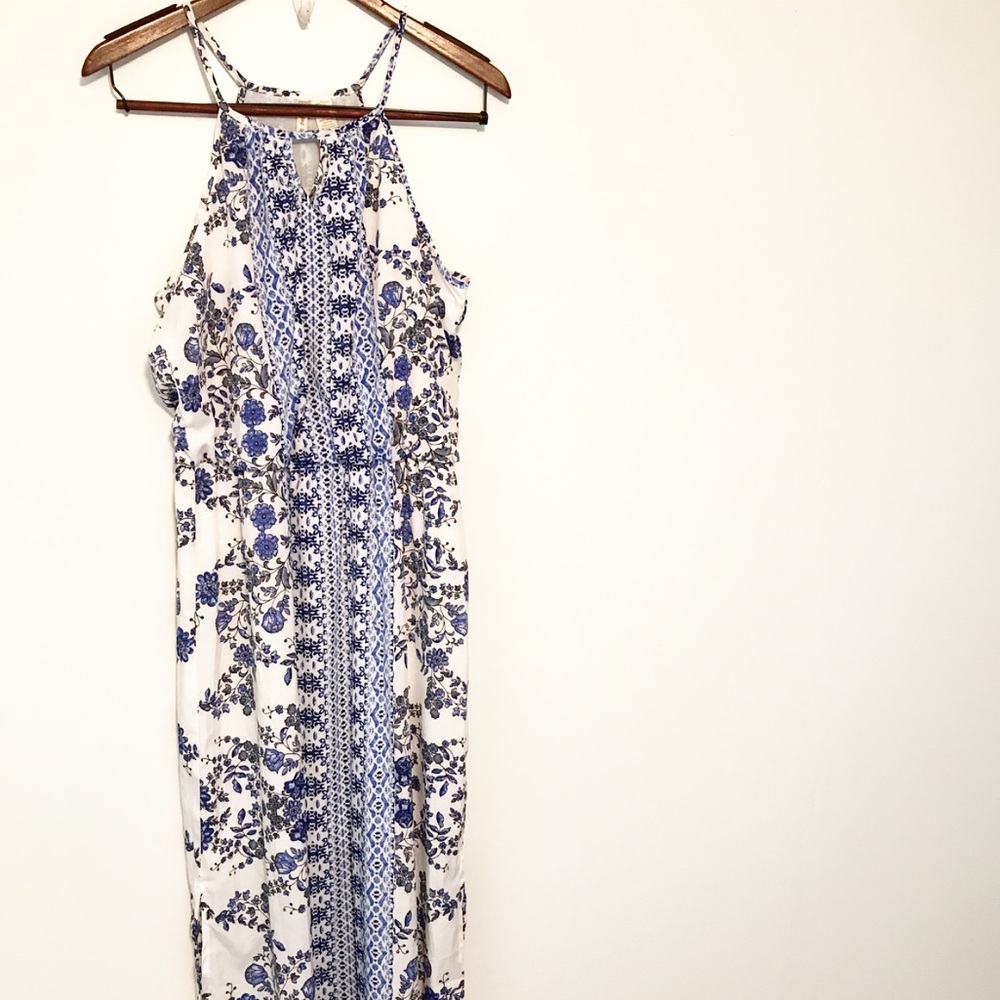 LAST CALL Japana Floral Print Boho Maxi Blue White
