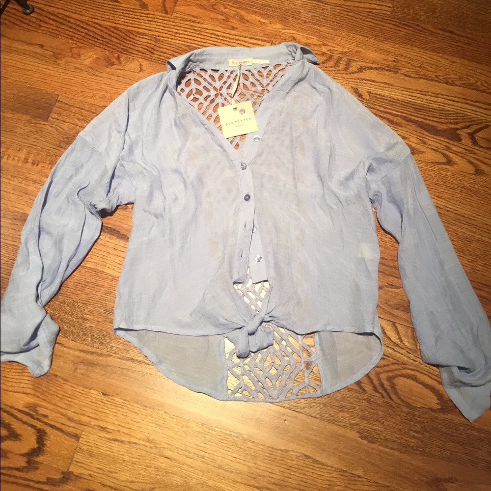 Long sleeve, button down blouse with tie