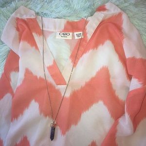 Coral and White Sheer 3/4 Sleeve Blouse