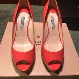 Prada patent leather coral wedge