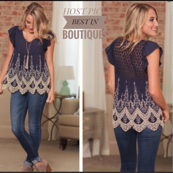 Infinity Raine Tops - Navy Crocheted Lace tunic