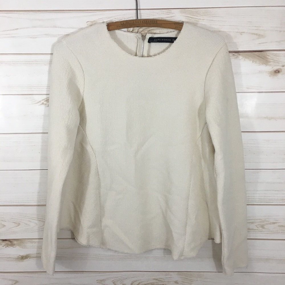 Zara Woman Frayed Cream Tweed Zip Sweater M