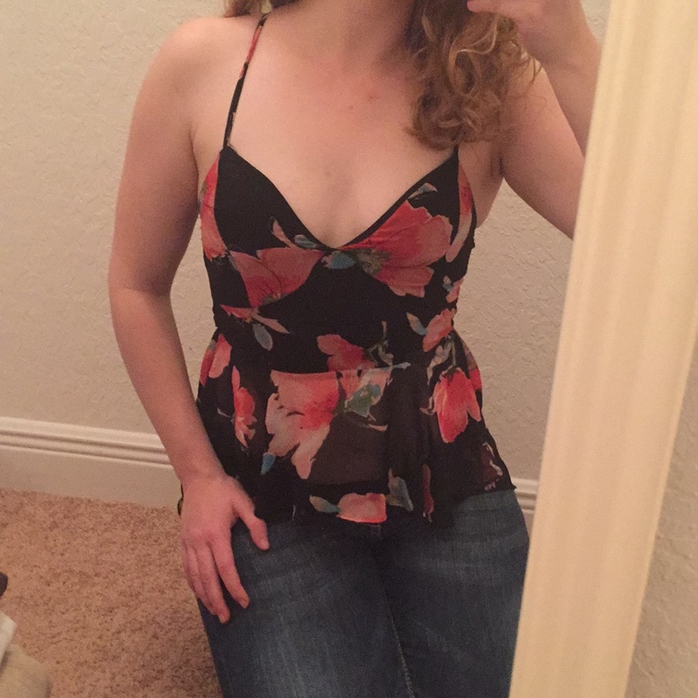 Papaya Tank Top!! Black red big poppies flower - Picture 3 of 8
