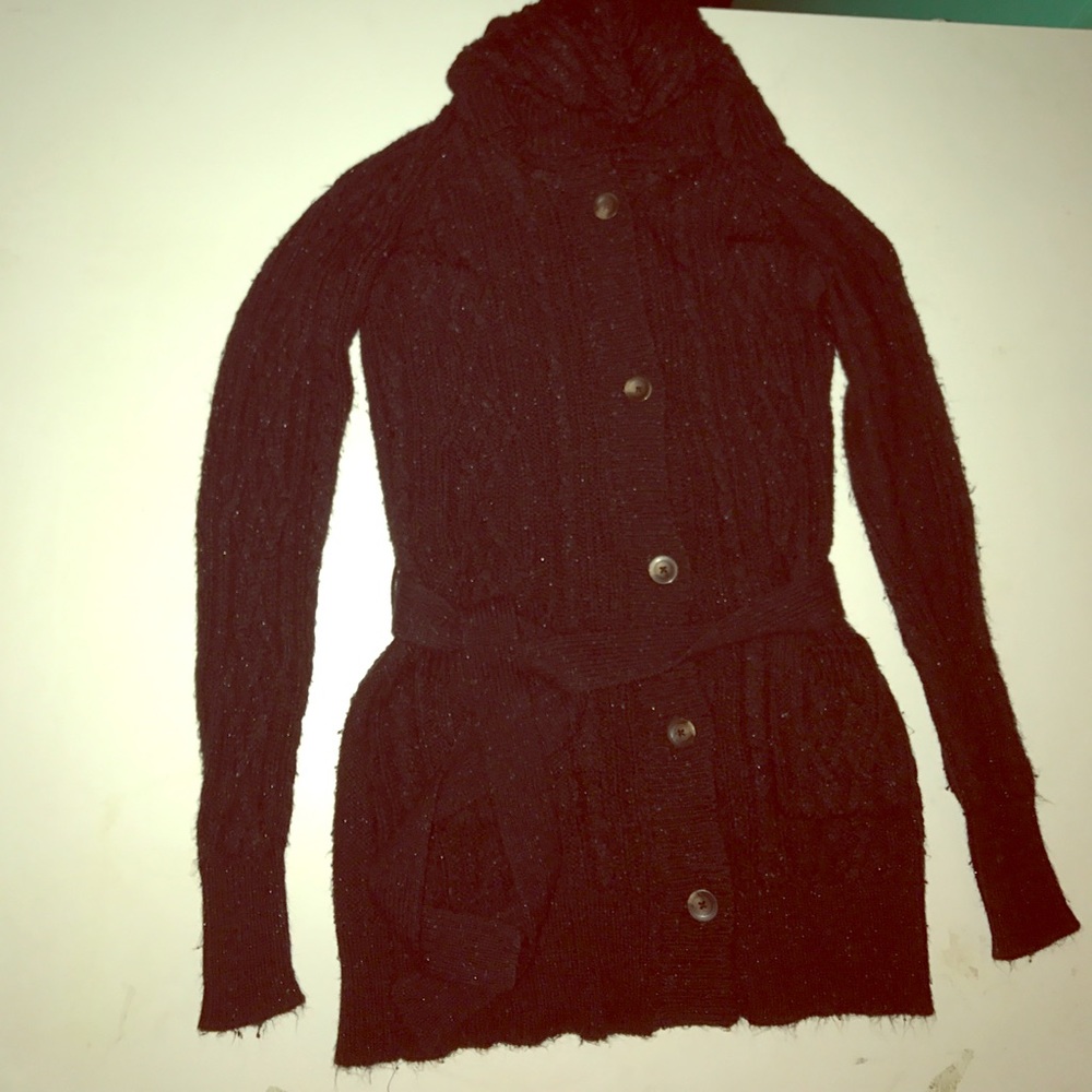 button down hooded knit sweater.