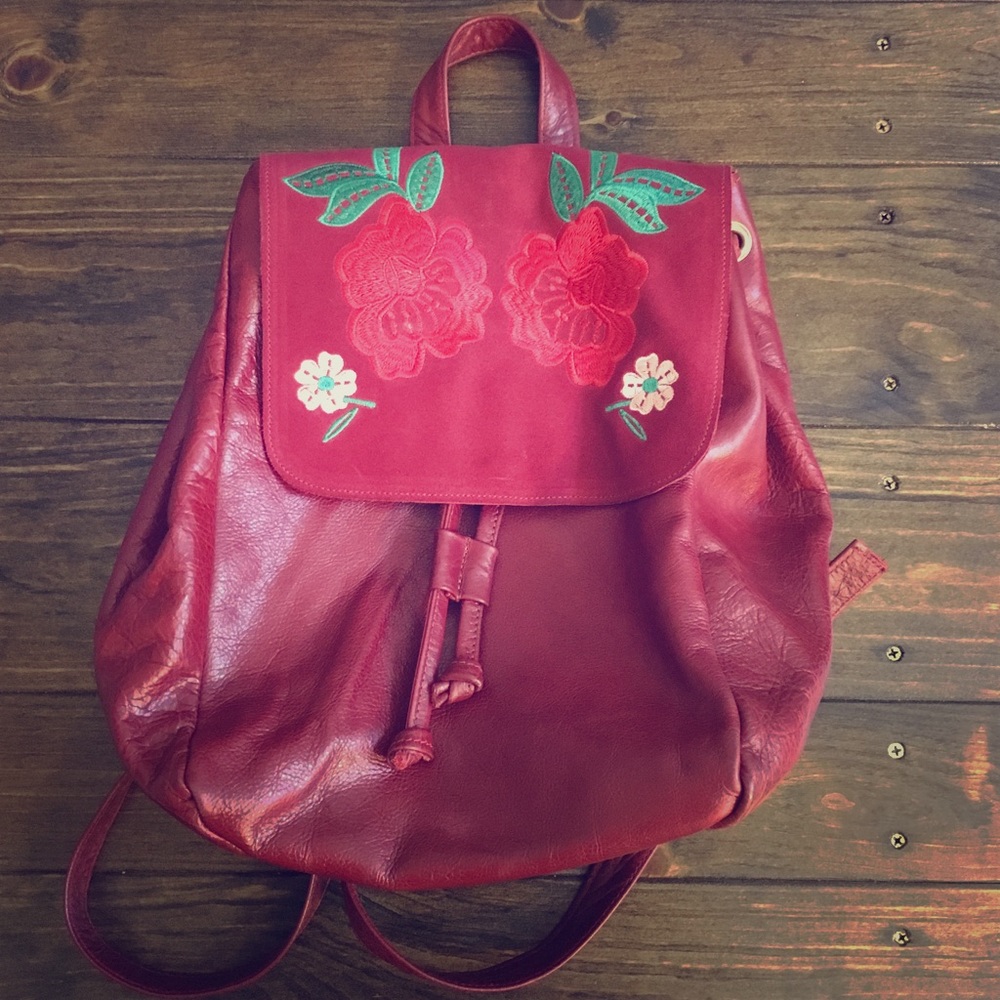 Anthropologie Red Rose Leather Backpack
