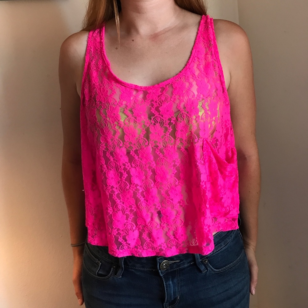 Forever 21 Neon Pink Lace Tank Top - Small