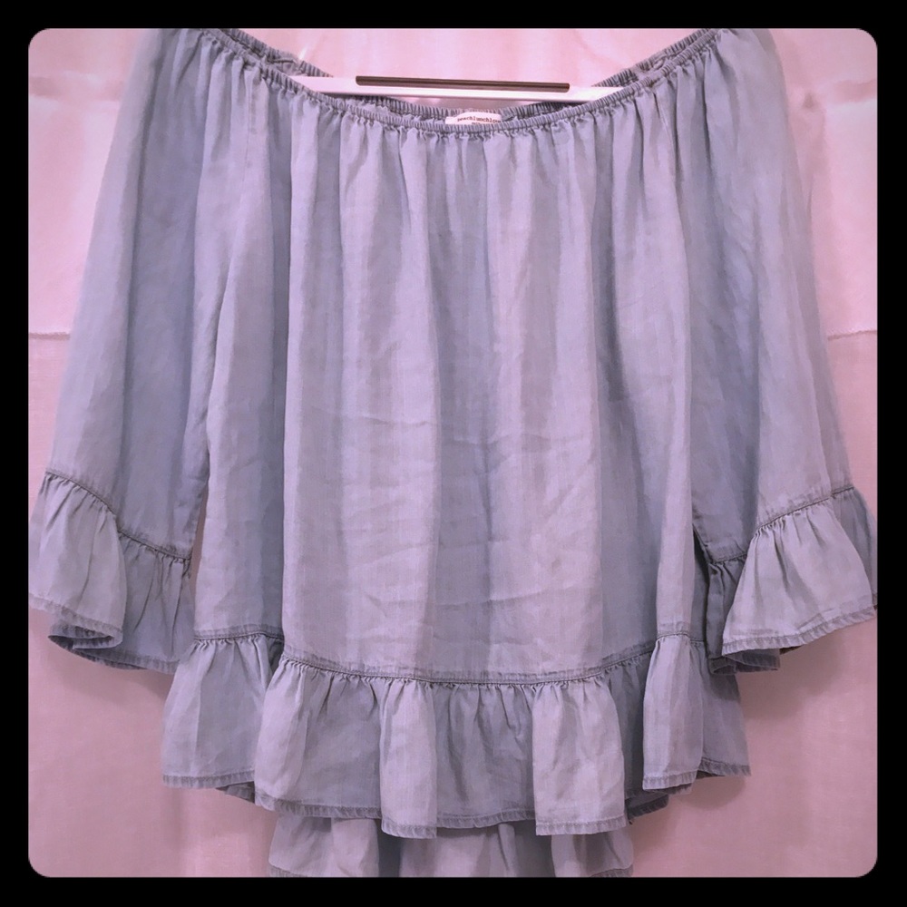 Beach lounge off the shoulder chambray top