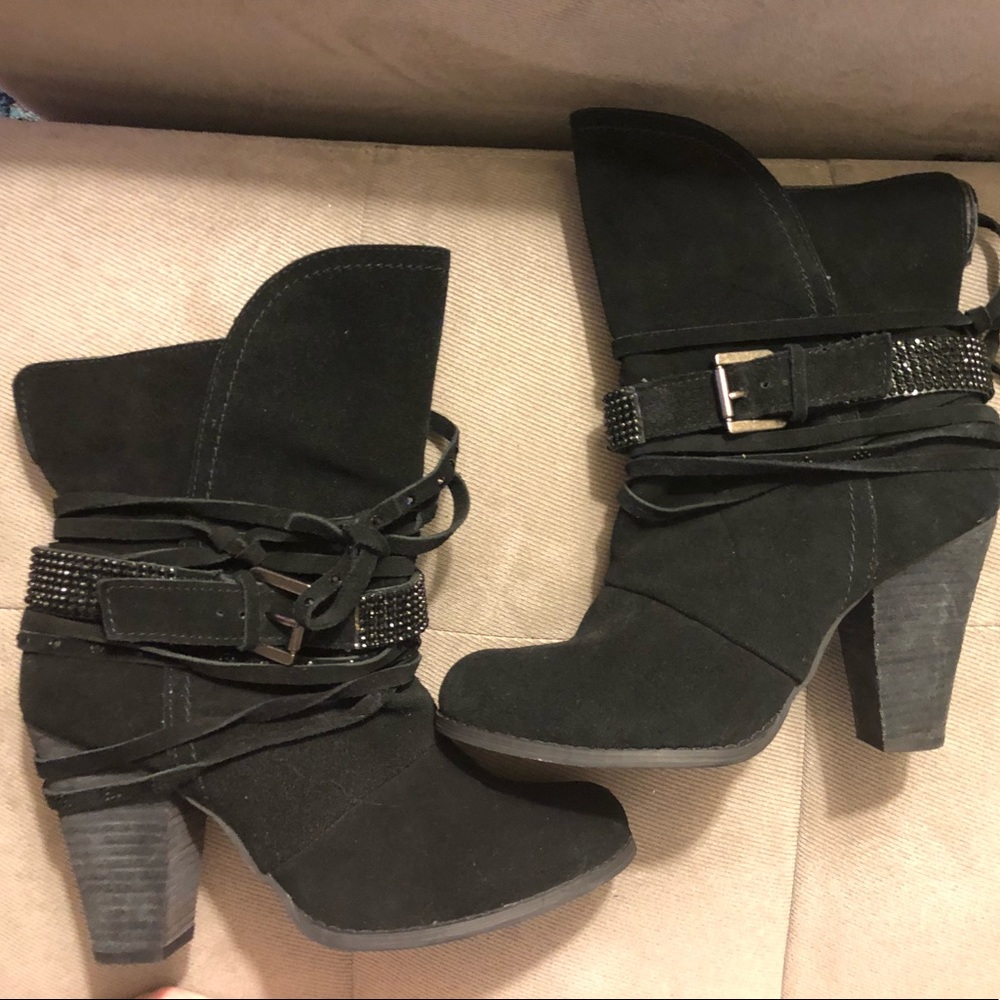 Black rhinestone wrap booties