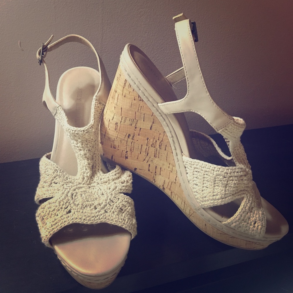 Crocheted wedges with cork heel (size 10)
