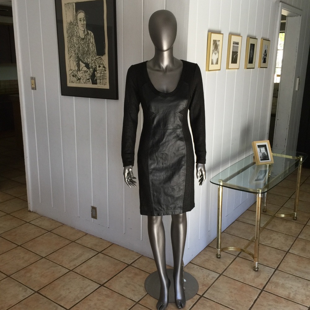 TRACY REESE Leather Panel Wool Sweater Dress Black
