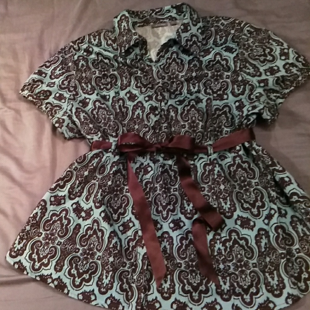 Brown and mint blue~ gorgeous design blouse