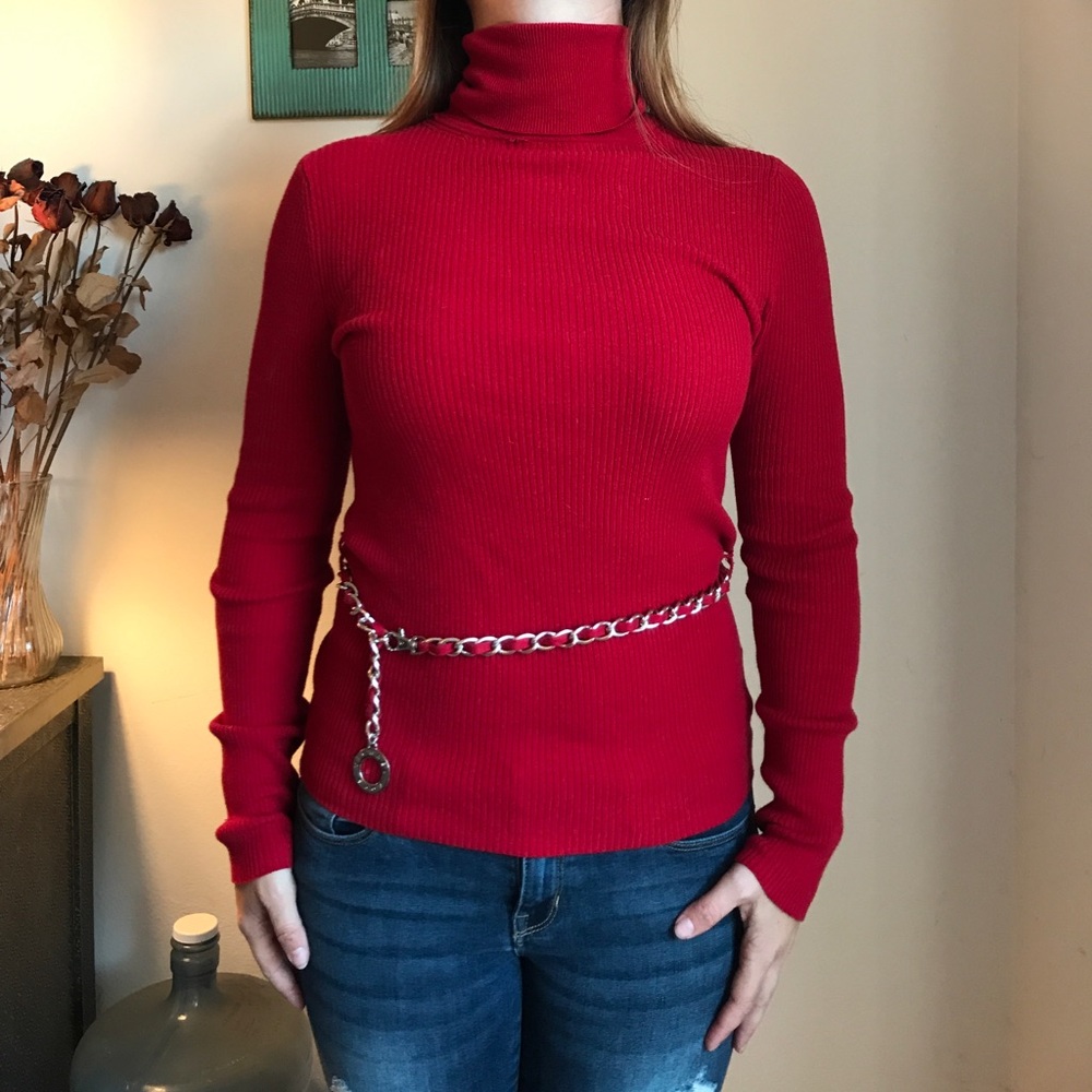 Michael Kors Red Turtleneck w Chain Belt