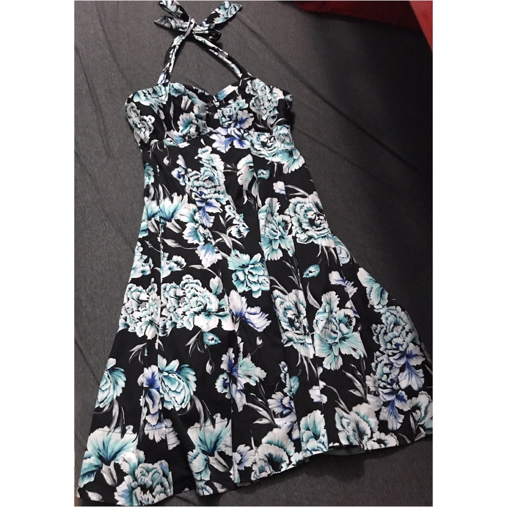 Halter garden party dress black and teal