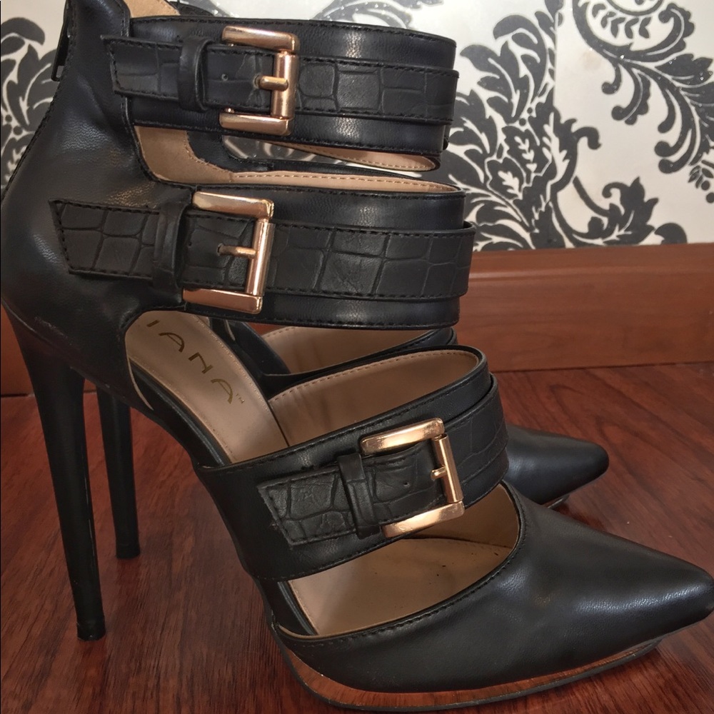 Black strappy gold buckle heels