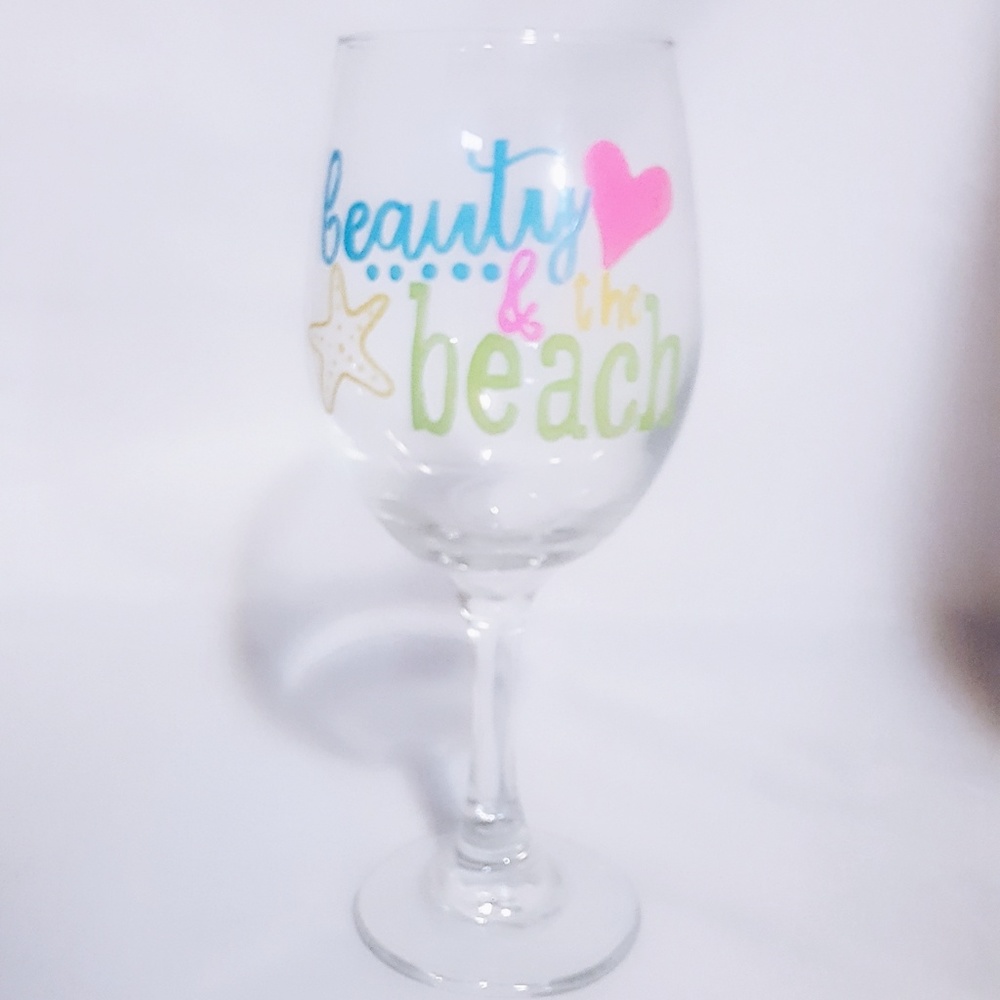 SALE!!BEAUTY AND THE BEACH HAND PAINTED WINE GLASS