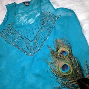 Teal Sheer Lace Beaded Top Sz Large