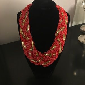 Coral/Red With Gold Beaded Statement Necklace