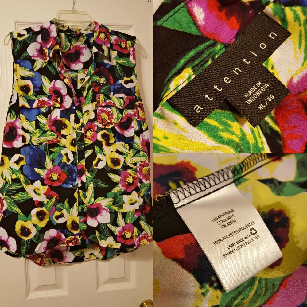 Bright Sleeveless Blouse. Tropical/Floral