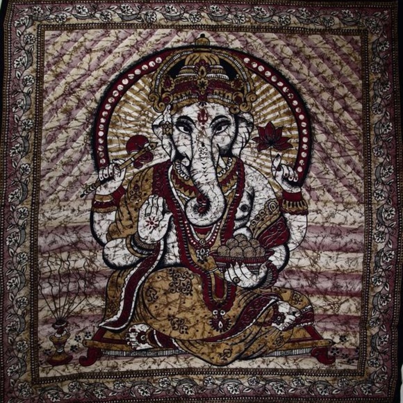 Brown Ganesha Lotus Flower In Batik Style Tapestry - Picture 1 of 1
