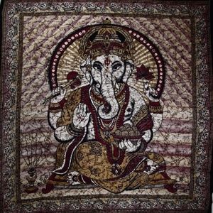 Brown Ganesha Lotus Flower In Batik Style Tapestry