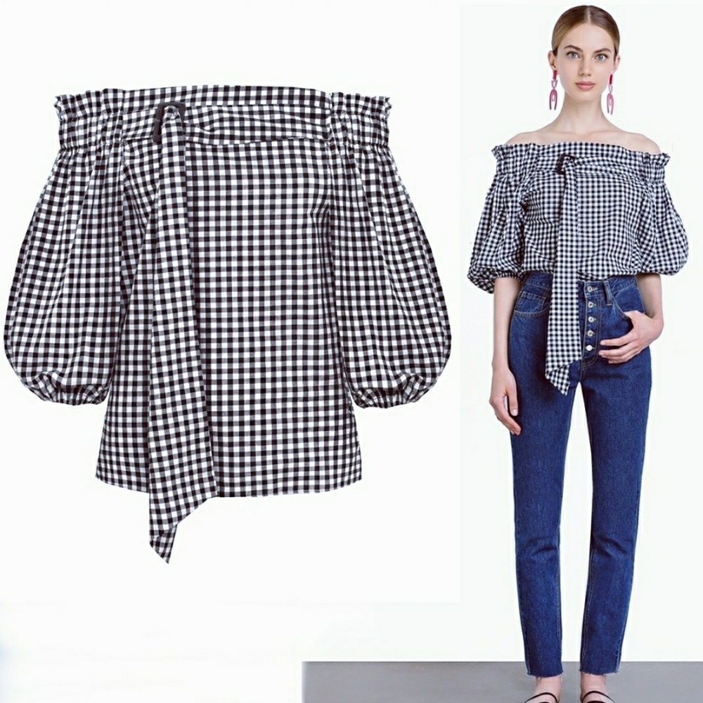 Pixie Market Off Shoulder Gingham Belt Top