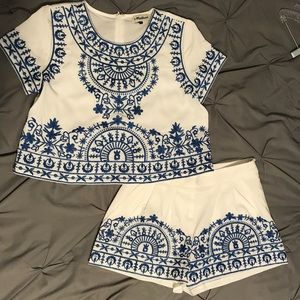 Blue and White Embroidered Two Piece Set