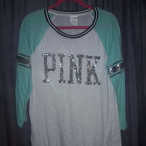 Teal and White PINK Long Sleeve Shirt