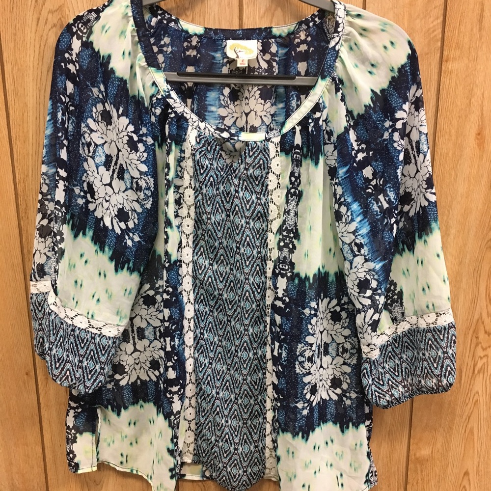 Fig&Flower Blue Green White Shear Blouse