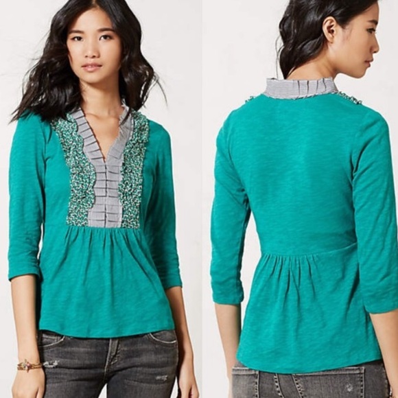Anthropologie Tops - Anthropologie Deletta Green Ruffled Tuxedo Tee
