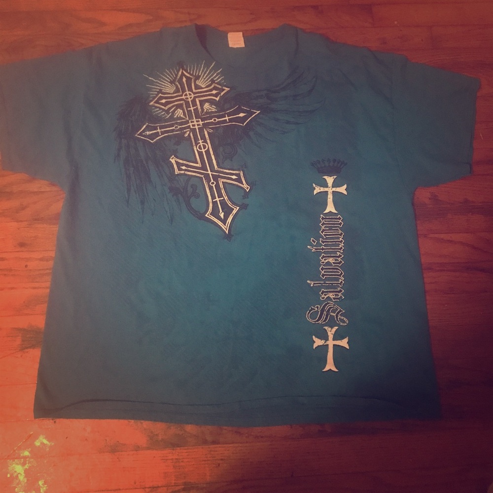 Blue black and white t shirt with a cross