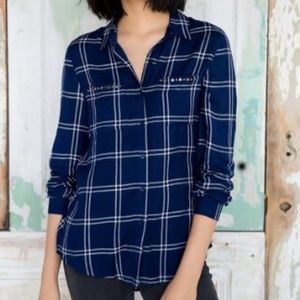 Timpson Embellished Pockets Blue Plaid Blouse