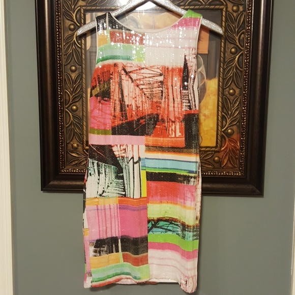 M by MAIA clear sequence neon graphic dress NWT 8 - Picture 2 of 7