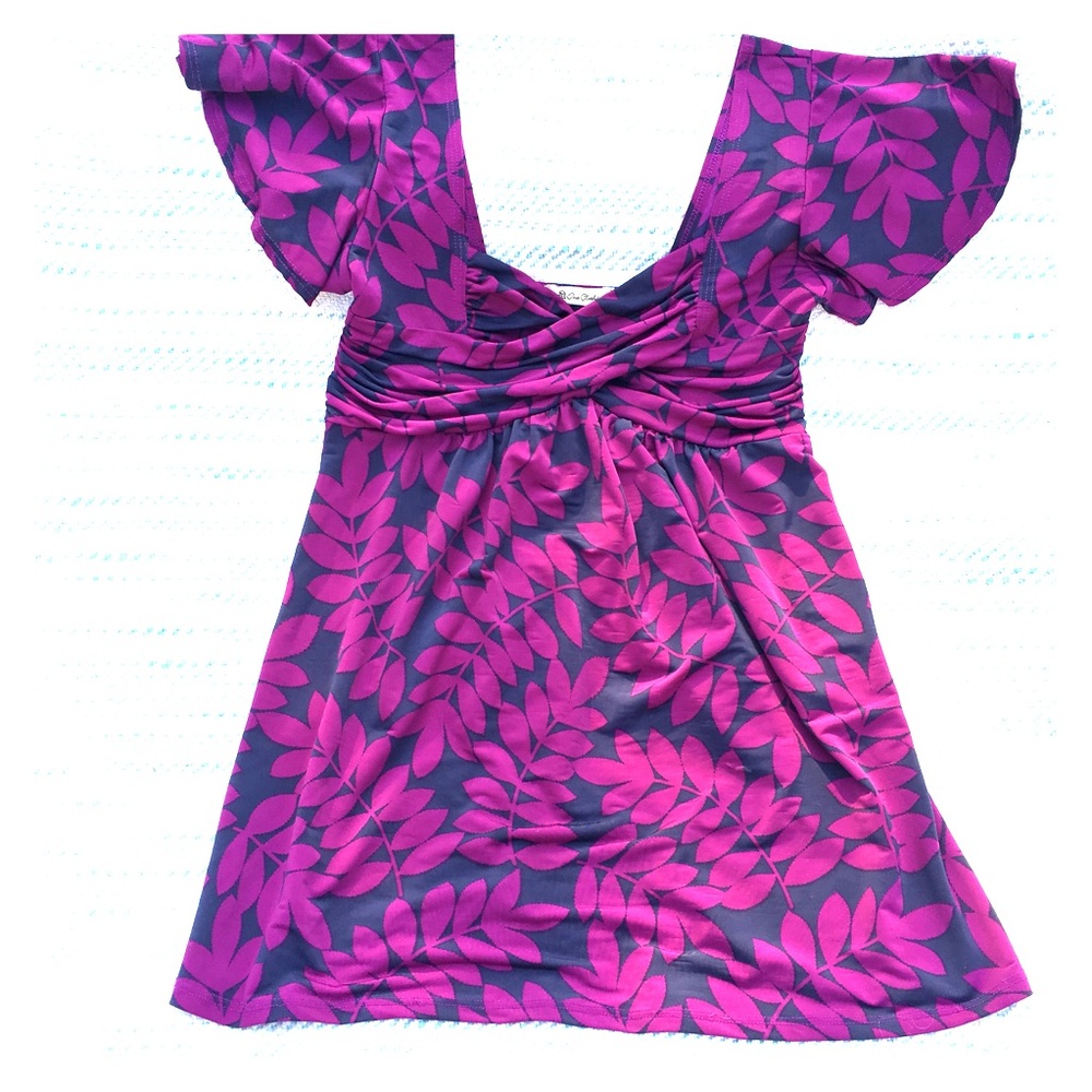 Purple and deep blue top, short flap sleeves