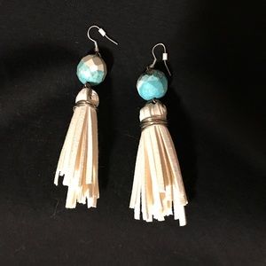 Earrings Blue with White Leather Tassles