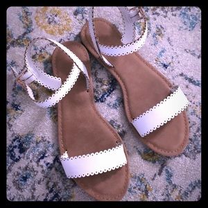 White scallop ankle strap sandals
