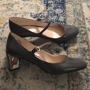 Gray Mary Jane Block Heel Pumps