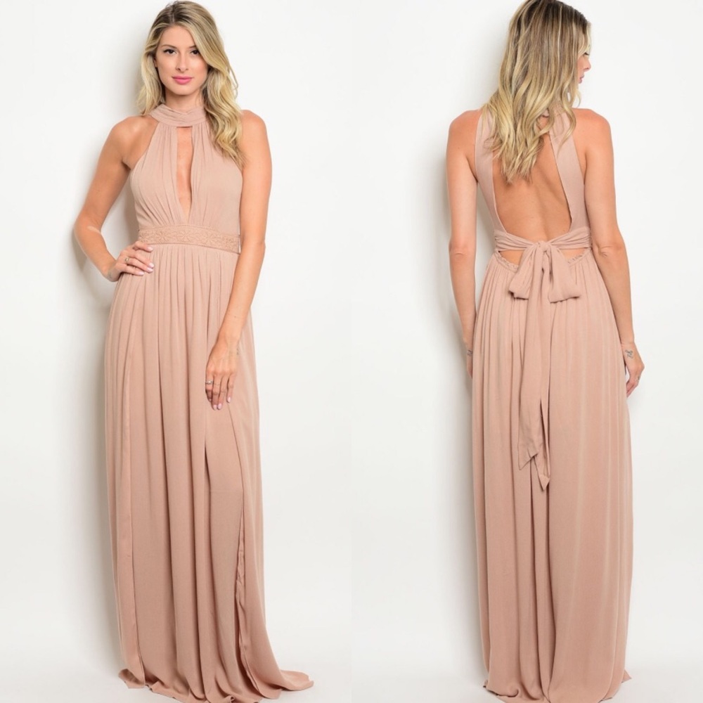 Taupe Backless Draped Maxi Gown