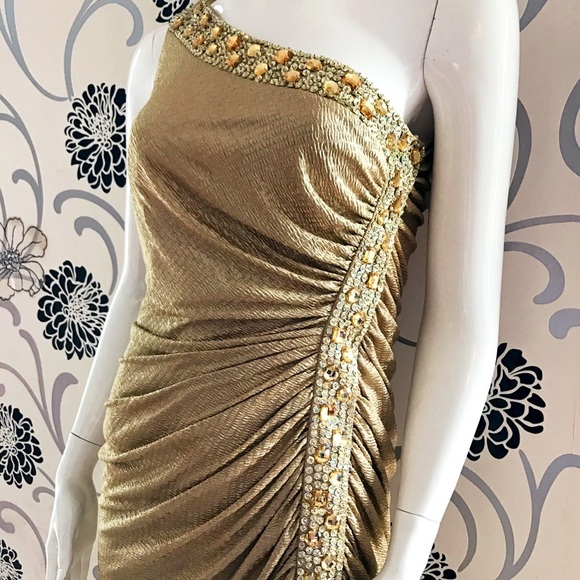 Betsy & Adam Beaded Jacquard One-Shoulder Gown