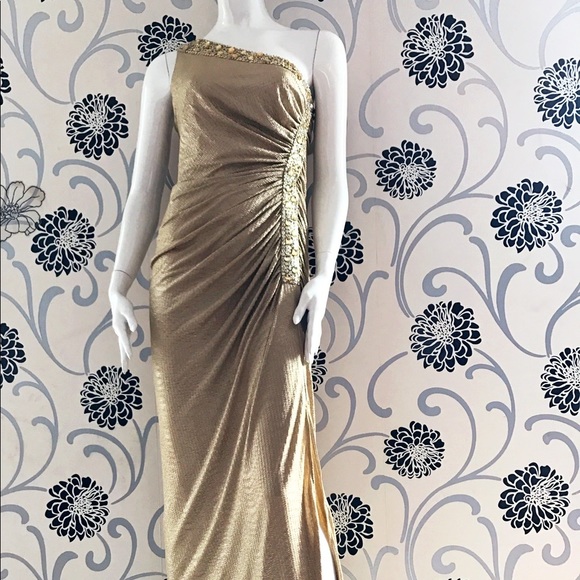 Betsy & Adam Beaded Jacquard One-Shoulder Gown