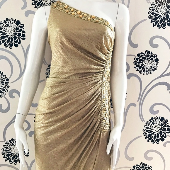 Betsy & Adam Beaded Jacquard One-Shoulder Gown