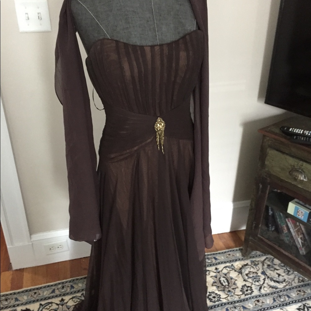Brown ball gown with shawl