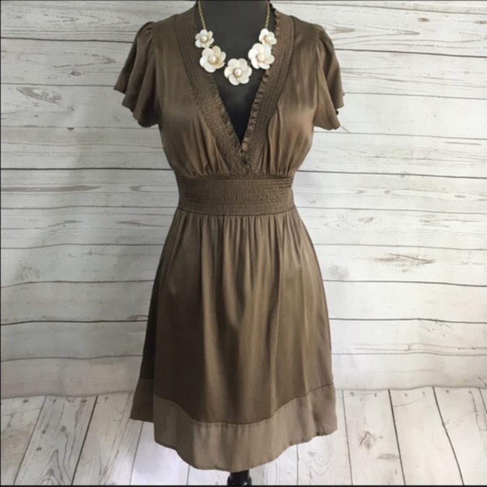 BCBG Silk Olive Empire Dress Short Sleeve