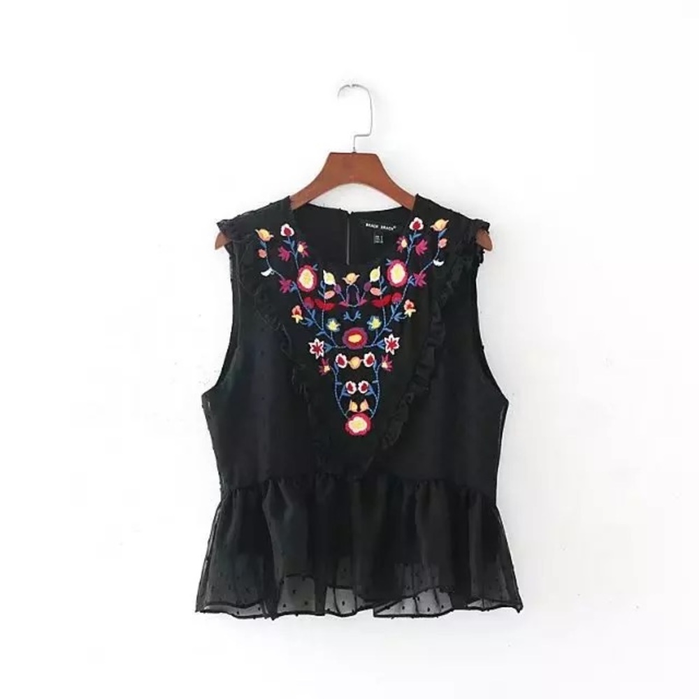 NWT Boho style black sleeveless embroidery top