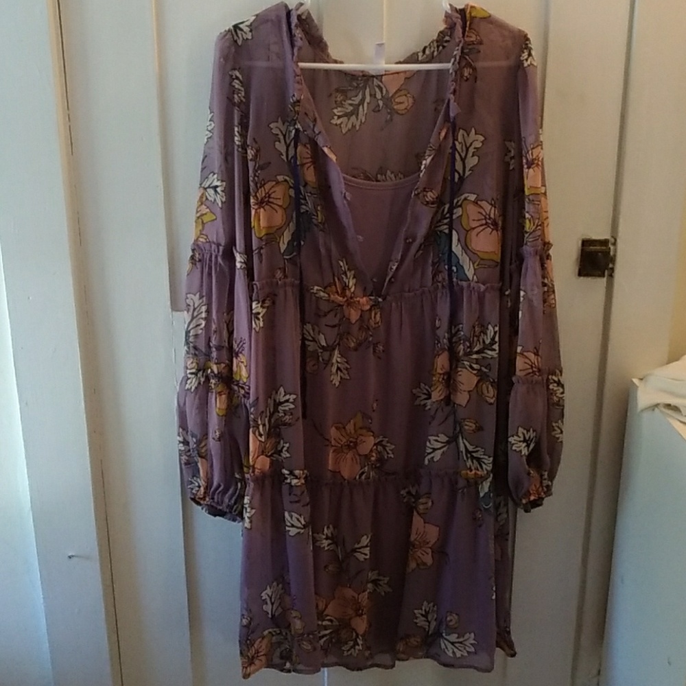 Xhiliration floral lavender dress w sheer overlay