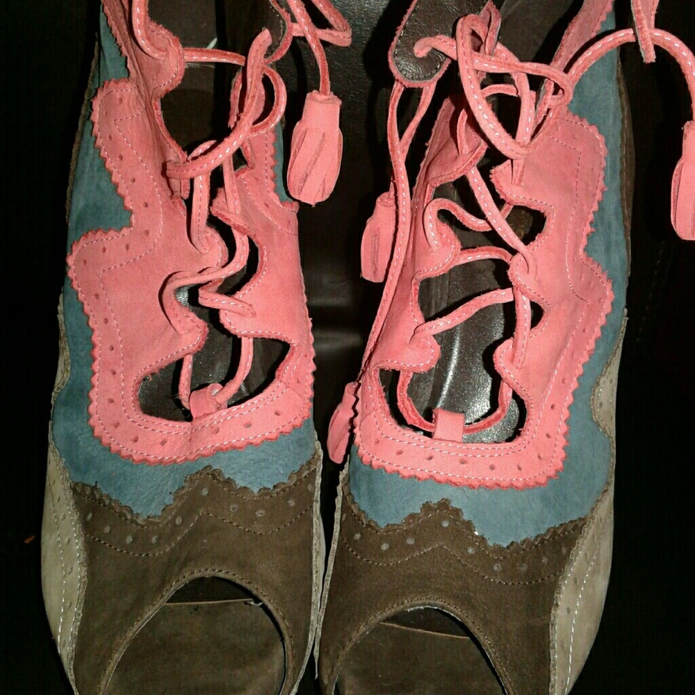 Authentic Hermes Multi colored suede lace up heels