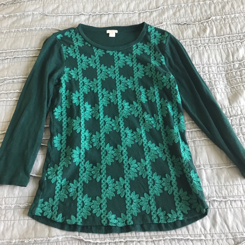J Crew 3/4 length sleeve embroidered top