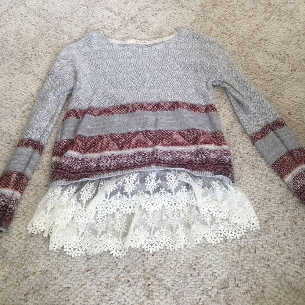 Grey and red sweater with lace bottom