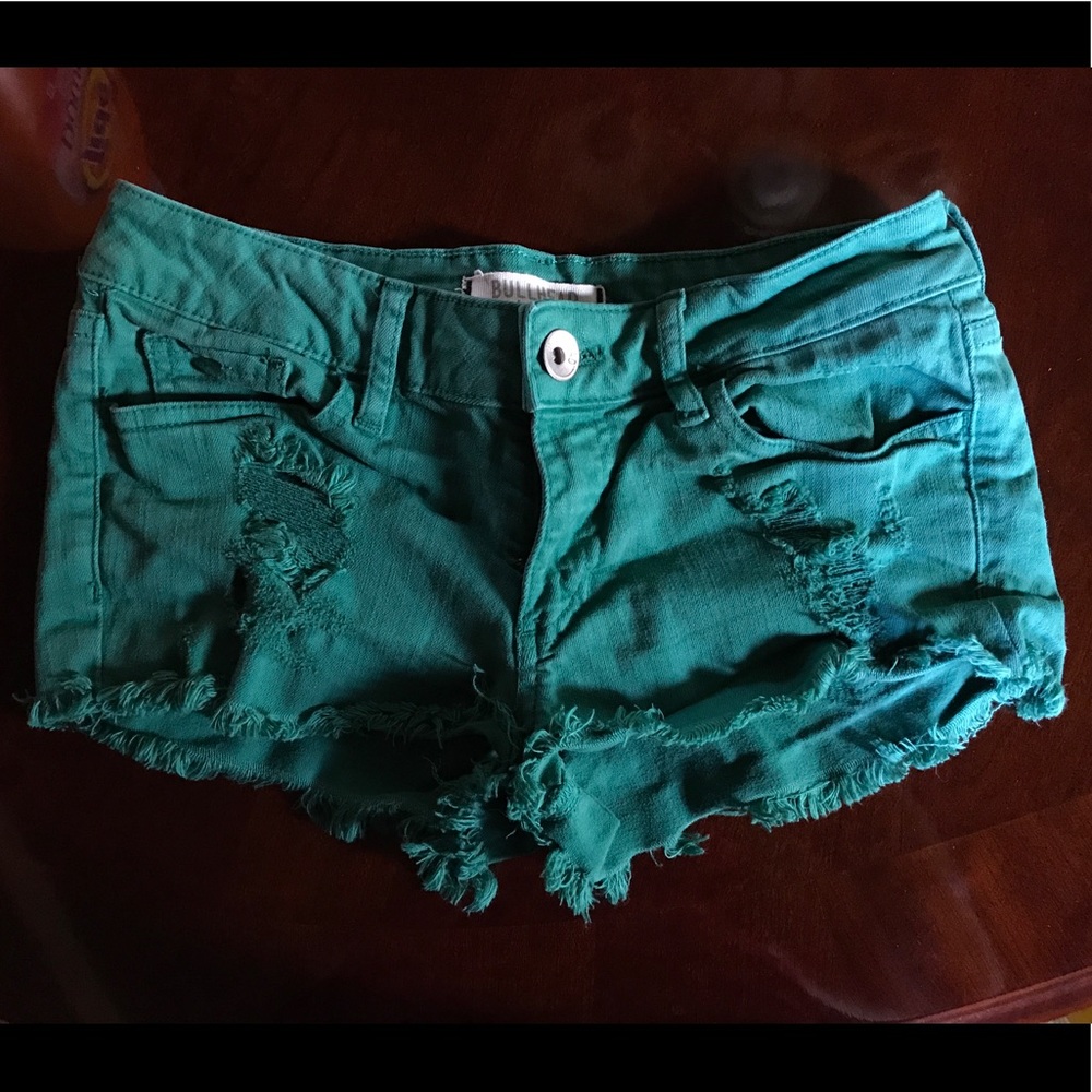 Teal shorts with frat hem