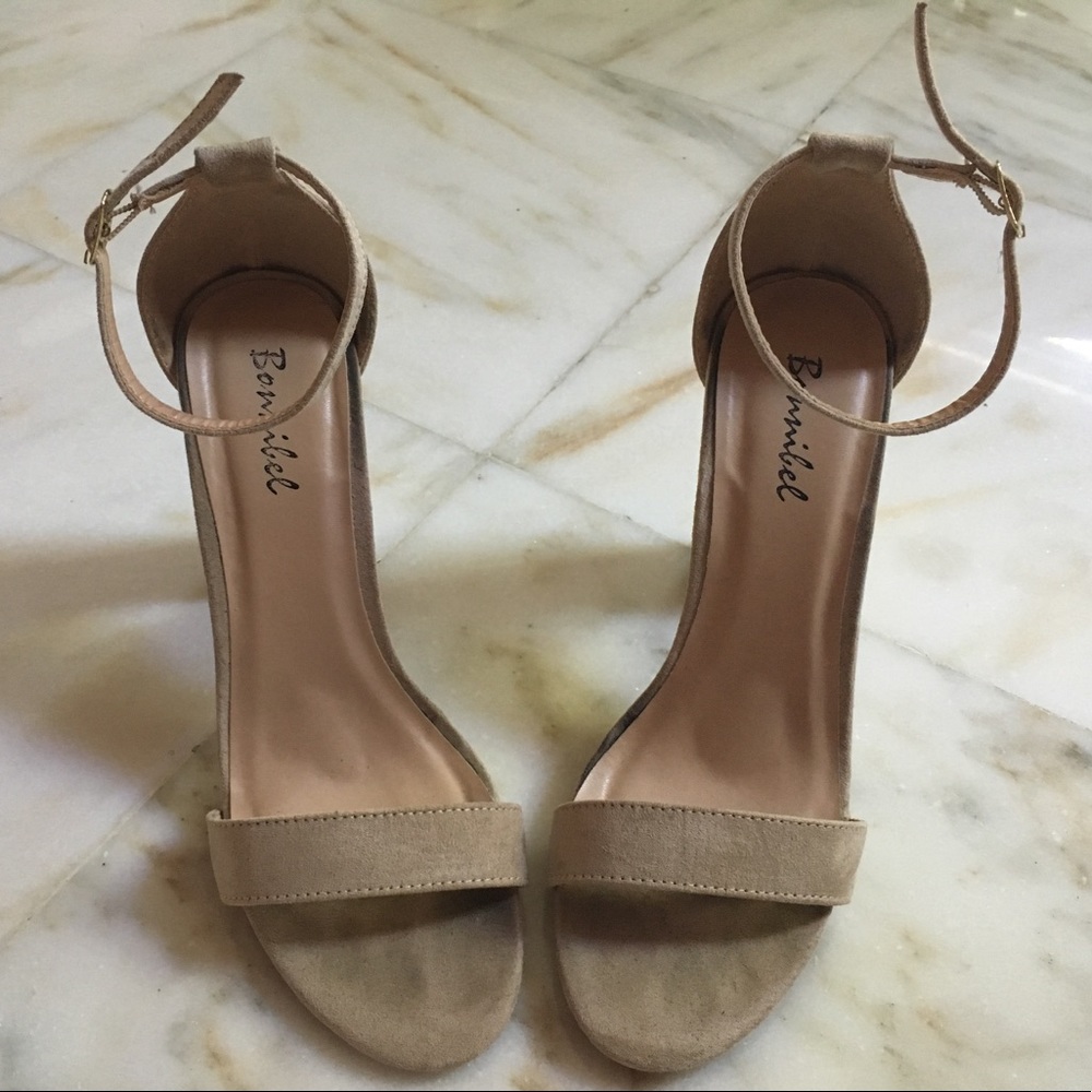 Nude Suede Ankle Strap Heels